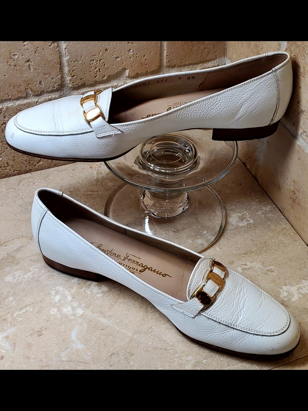 Salvatore Ferragamo White Leather Chain-Trim Loafers Size 7AA